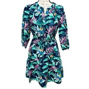 LOFT Petites Ruffle Hem Shirt Dress Size SP Navy Tropical Print Linen Blend NWT